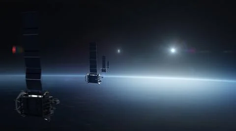 3D Render of satellites flying in space Stock Illustration