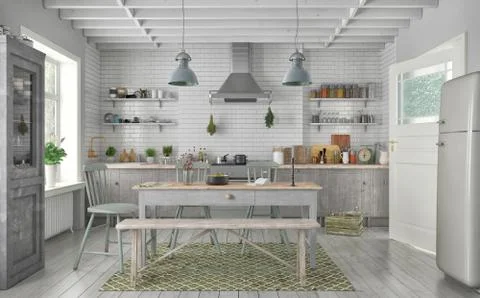 3d render of scandinavian flat - kitchen - dining room Illustrazione stock