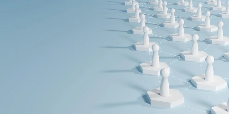 3D render of a scattered network of white hexagonal with abstract person ic.. Stock Photos