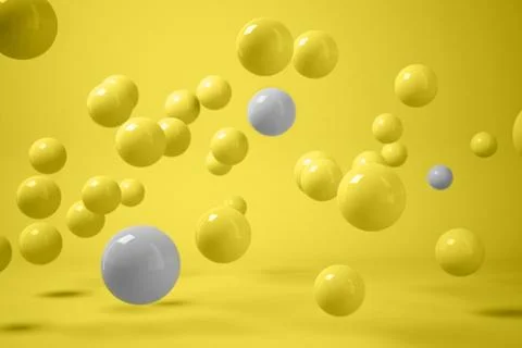 3D render of scattered yellow and grey balls levitating on yellow background Stock Illustration