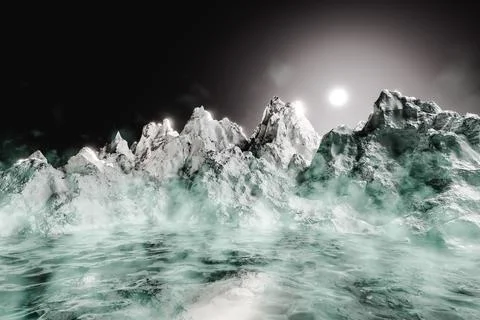 3D render of scenic mountain ranges by river against sky during night Illustrazione stock