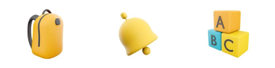 3d render school bag, bell, cubics icon set on white background. 3d rendering Stock-Illustration