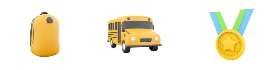 3d render school bag, school bus, award icon set on white background. 3d Stock Illustration