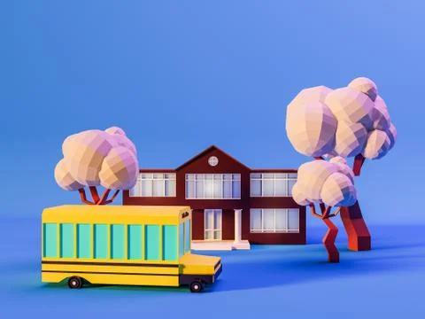 3d render of school building, trees and school bus on blue background in neon Stock Illustration