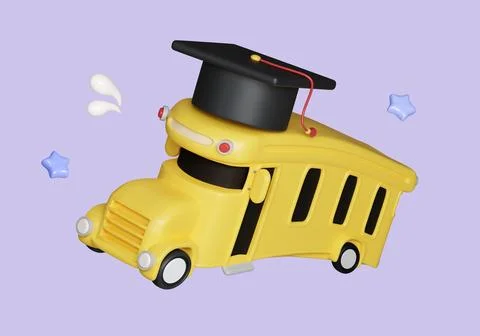 3D render school bus and graduate hat icon isolated on pastel background. icon Illustrazione stock