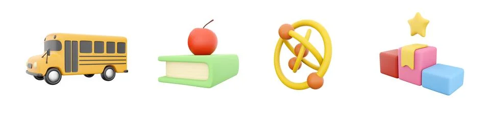3d render school bus, apple on book, chemistry circle, winning icon set on white Stock Illustration