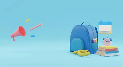 3d render. School supplies. Back to school. Student backpack and books. . 3d Stock Illustration