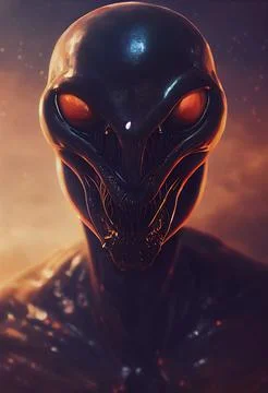 3D render of a sci-fi alien in futuristic metal armor with a terrifying smile - Stock Illustration