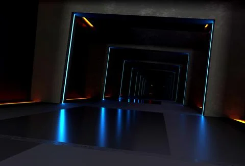 3d render sci fi background. Concrete wall corridor tunnel with abstract or.. Stock Illustration