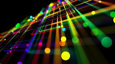 3d render. Sci-fi bg of glow multicolor particles form lines like electrical Stock Illustration