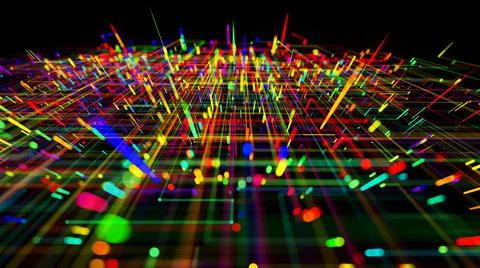 3d render. Sci-fi bg of glow multicolor particles form lines like electrical Stock Illustration