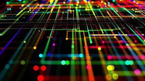 3d render. Sci-fi bg of glow multicolor particles form lines like electrical Stock Illustration