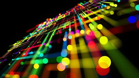 3d render. Sci-fi bg of glow multicolor particles form lines like electrical Illustrazione stock