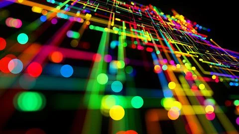 3d render. Sci-fi bg of glow multicolor particles form lines like electrical Stock Illustration