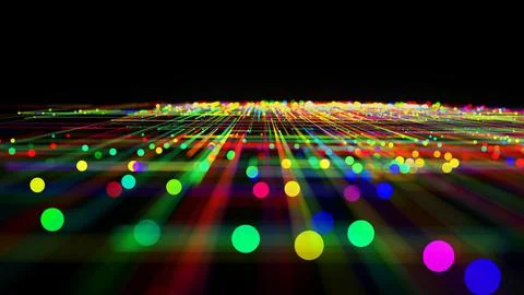 3d render. Sci-fi bg of glow multicolor particles form lines like electrical Stock Illustration