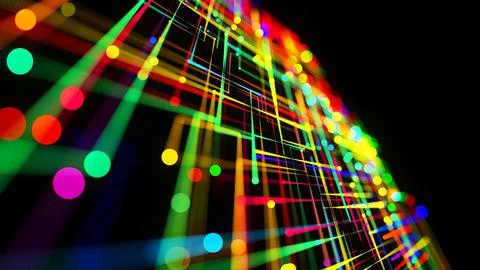 3d render. Sci-fi bg of glow multicolor particles form lines like electrical Illustrazione stock