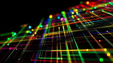 3d render. Sci-fi bg of glow multicolor particles form lines like electrical Illustrazione stock