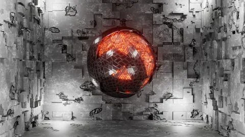 3D Render. Sci-fi object with glowing energy at center. Rotation metal sphere 库存插图