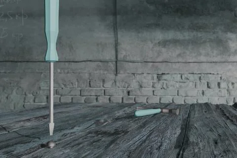 3d render of screwdriver and hammer on worn wooden bench Stock Illustration