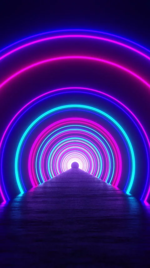 3d render seamless VJ loop with infinity flight inside circle neon lights tunnel Video stock 337482535
