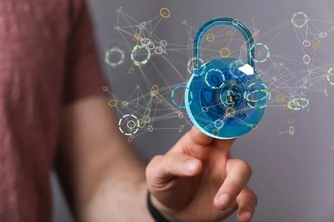 3D render of security lock icon with a human from the background Foto stock