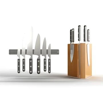 3D render of a selection of kitchen knives and knife blocks on a white backgroun Stock Photos