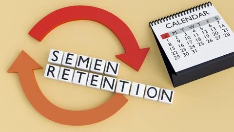 3D render of "SEMEN RETENTION" text with a cycle symbol and calendar. Stock-Illustration