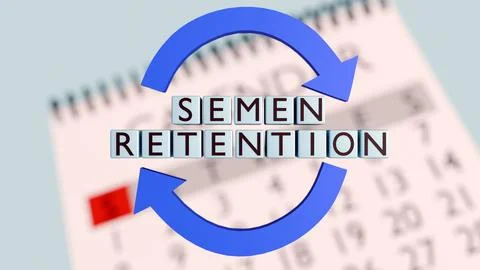3D render of "SEMEN RETENTION" text with a cycle symbol and calendar. Stock Illustration