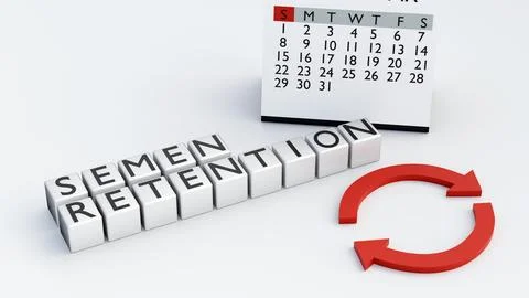 3D render of "SEMEN RETENTION" text with a cycle symbol and calendar. Stock-Illustration