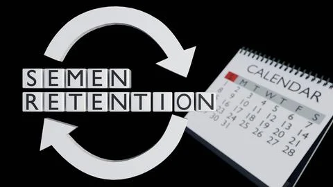3D render of "SEMEN RETENTION" text with a cycle symbol and calendar. Stock-Illustration