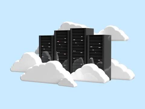 3d render. Server among the clouds. Cloud data storage on a blue background Stock Illustration