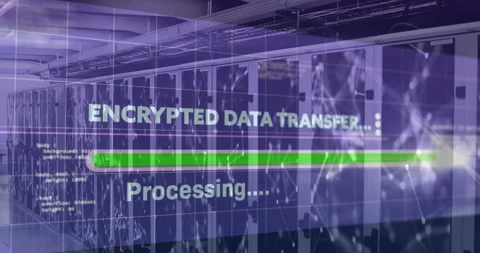 3D render server cabinets displaying encrypted data transfer overlay with moving 動画素材 307442111