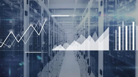 3D render server rack aisle glowing in cool blue light, showing data charts and 스톡 동영상 309109157