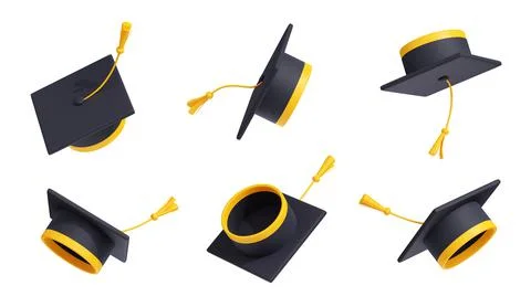 3D render set of academic hat different positions Stock Illustration