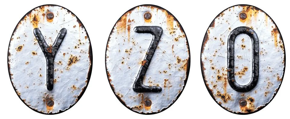 3D render set of capital letters Y, Z and number 0 made of forged metal on the Stock Illustration