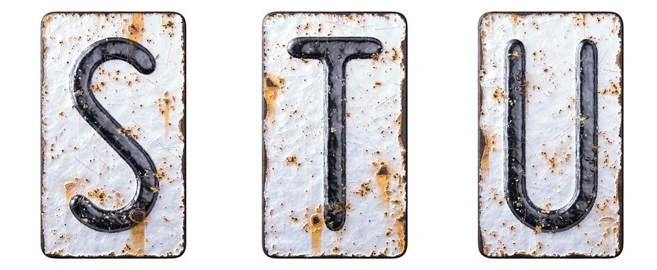 3D render set of capital letters S, T, U made of forged metal on the background Illustrazione stock