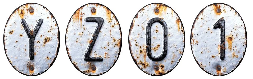 3D render set of capital letters Y, Z and number 0, 1 made of forged metal on Stock Illustration