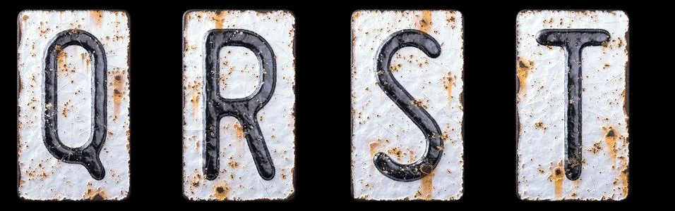 3D render set of capital letters Q, R, S, T made of forged metal on the Stock Illustration