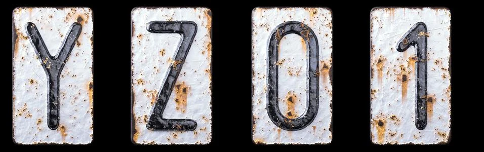 3D render set of capital letters Y, Z and number 0, 1 made of forged metal on Stock Illustration