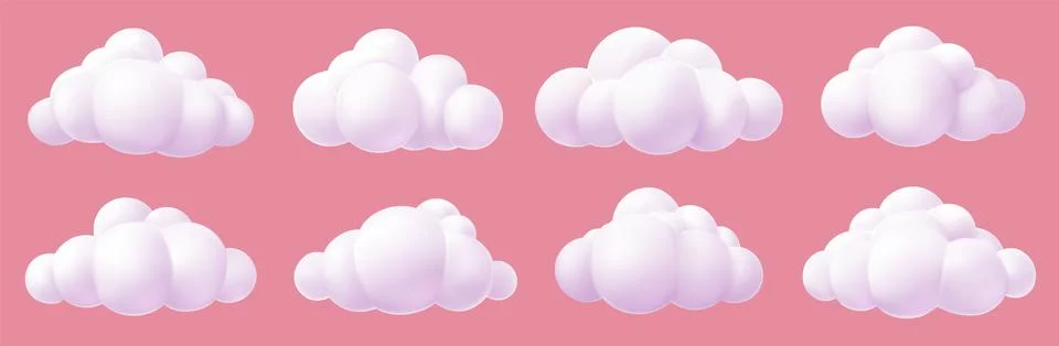3d render set cartoon clouds on Pink background. Render soft round cartoon Stock Illustration
