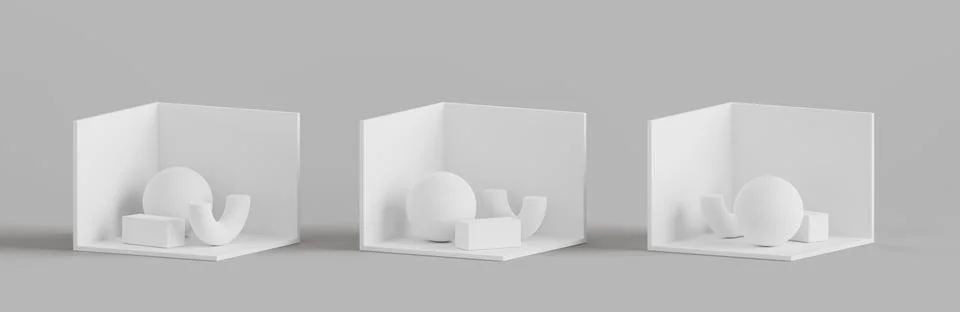 3d render set of exhibition trade show booths with geometric shapes. Isometric Illustrazione stock