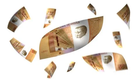 3D Render Set of Flying Angola 500 Kwanza Money Banknote Stock Photos