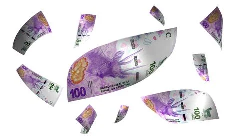 3D Render Set of Flying Argentina 100 Pesos Money Banknote Stock Photos