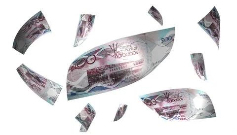3D Render Set of Flying Barbados 100 Dollars Money Banknote Stock Photos