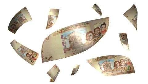 3D Render Set of Flying Bolivia 200 Bolivianos Money Banknote Stock Photos