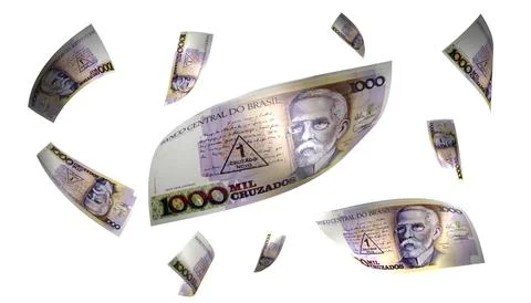 3D Render Set of Flying Brazil 1000 Cruzeiros Money Banknote Stock Photos