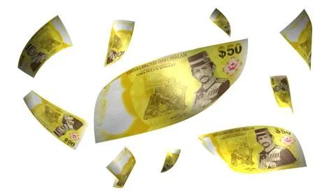 3D Render Set of Flying Brunei 50 Ringgits Money Banknote 写真素材