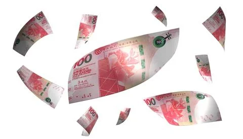 3D Render Set of Flying China Hong Kong 100 Dollars Money Banknote Stock Photos