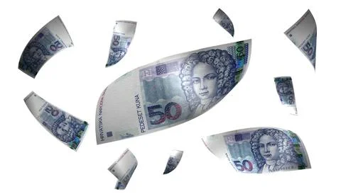 3D Render Set of Flying Croatia 50 Kuna Money Banknote Stock Photos