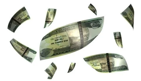 3D Render Set of Flying Ethiopia 100 Birr Money Banknote Stock Photos